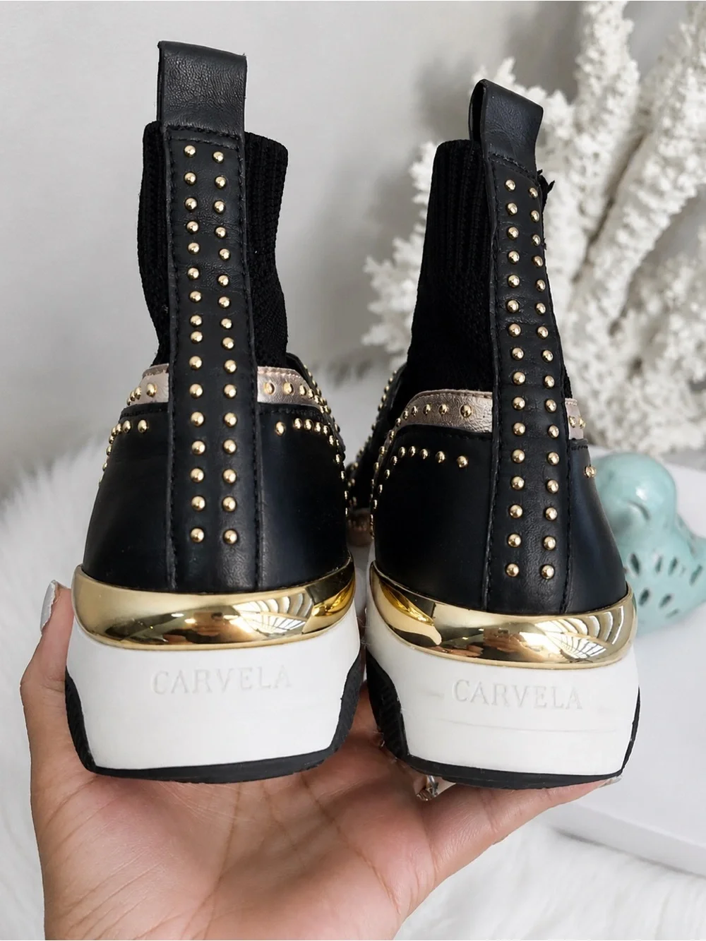 CARVELA Black Kurt Geiger Listen High Top Sock Trainers Studded Buckle Strap 8